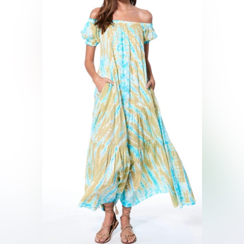 NWT Young Fabulous & Broke Savannah Blue Tie Dye Off The Shoulder Sunny Maxi